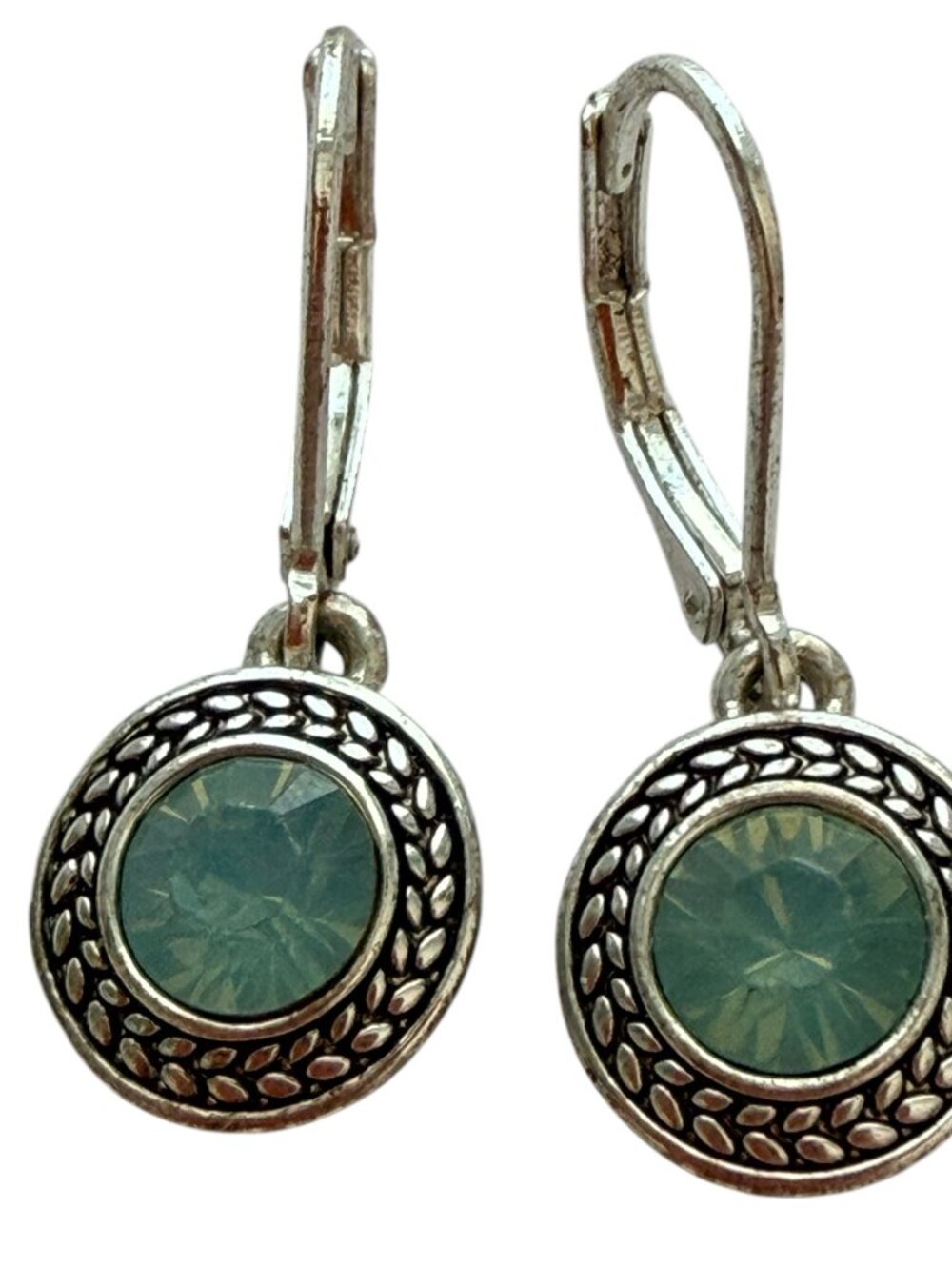 Vintage Napier Silver-Tone Light Green Crystal Drop Earrings — Lever Back